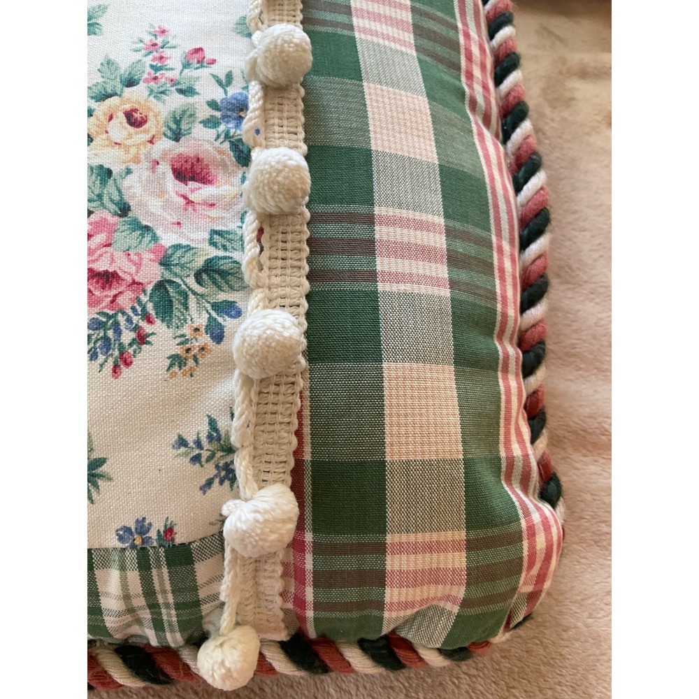 Vintage Floral Plaid Decorative Throw Pillow Pom Pom Trim Rope Edge Green Pink - Picture 6 of 11